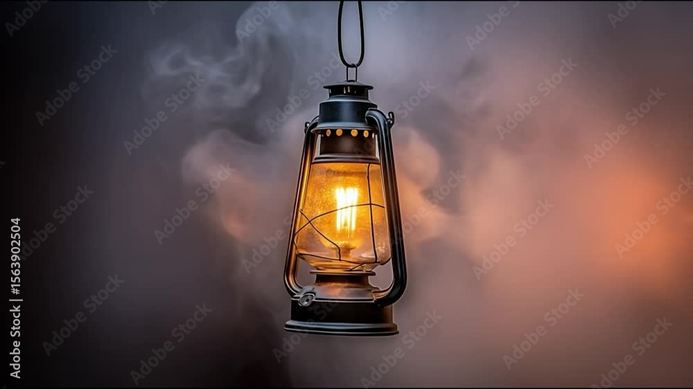 Glowing Lantern in the mist: A classic kerosene lantern emits a warm, inviting glow, suspended within a captivating swirl of mist. The ambiance of the scene creates a sense of mystery. 