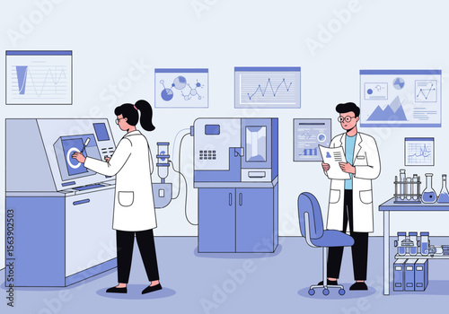 Two scientists in a lab one operates equipment another studies papers