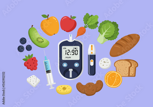 Visual elements depict diabetes management including meter insulin healthy and unhealthy foods