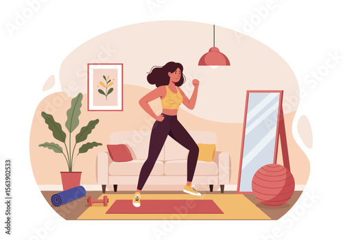 Woman exercising in a cozy living room with workout gear and decor