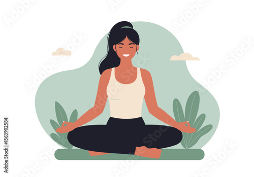 Woman in lotus position meditates outdoors with closed eyes serene expression