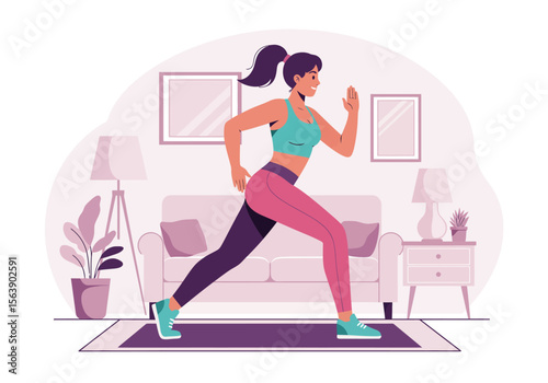 Woman in activewear does a lunge in a stylish room with lamps a plant framed art and a couch on a dark purple mat