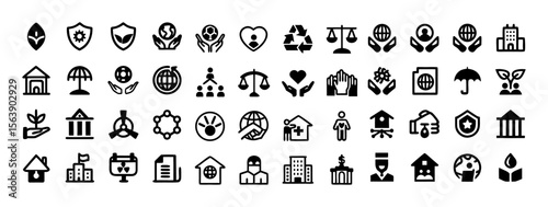 ESG Outline Icon Set – Editable Stroke Vector Icons Representing Environment, Social, and Governance Concepts Including Sustainability, Government, Protection, Regulation, Education, Healthcare