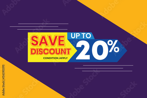 Sale Discount Tag – Save Up to 20%. Stylish and modern discount banner with 20% offer.
Useful for online ads, banners, and promotional flyers.