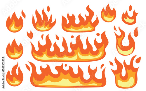 Set of burning fire or flame vector illustrations isolated on white background. Yellow burn power fiery silhouettes. Vector illustration