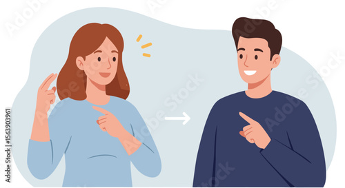 A happy young woman and man smiling and pointing at each other in a friendly and positive communication illustration, ideal for teamwork, partnership, and relationship concepts.