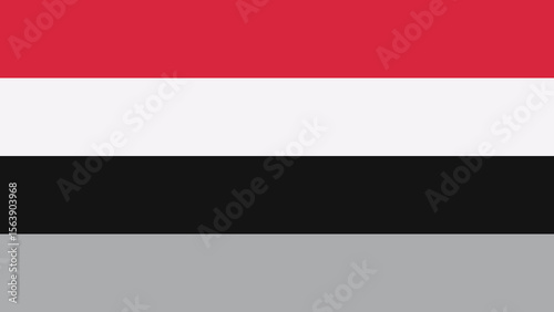 Minimalist abstract image with horizontal stripe pattern in four solid colors: vibrant red, neutral white, deep black and light gray.