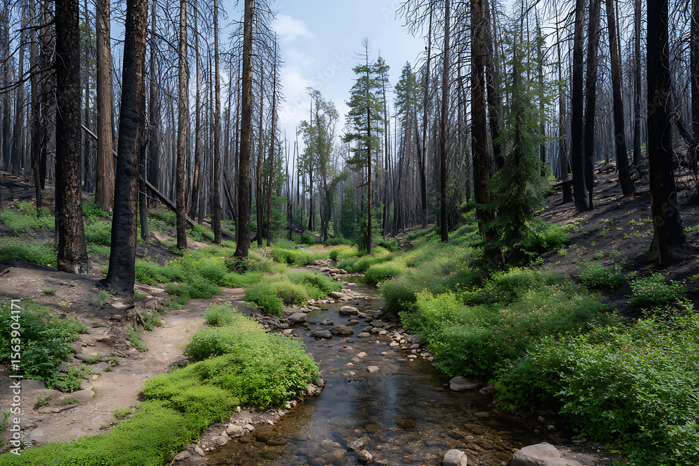 Fototapeta premium Post wildfire forest scene with creek and new growth aftermath trees
