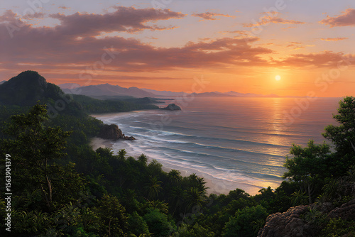 Lush tropical coastline bathed in golden sunset light with gentle ocean waves nature