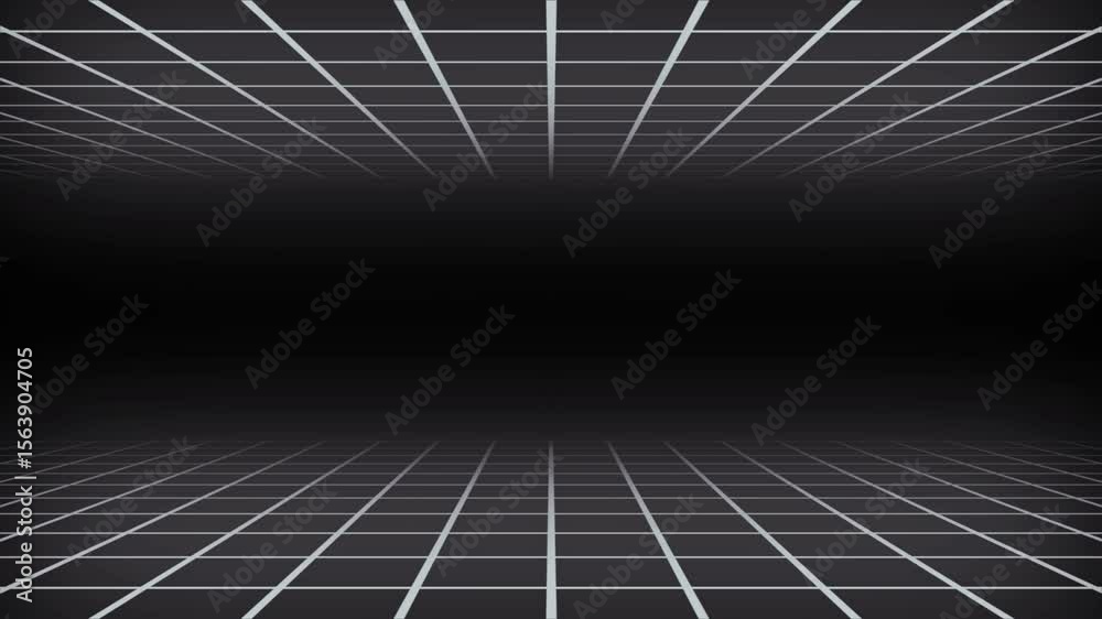 black neon grid Retro 80s style animation tunnel, lighting glowing bright lines background, composition seamless loop illusion space