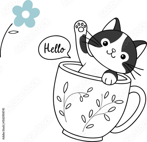 Cute kitten illustration: A happy cartoon cat smiles in a cup with a fish