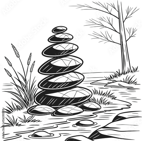Zen stones and bamboo create a serene balance, evoking harmony and relaxation