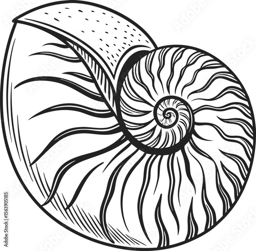Here's a single sentence for naming an image of a spiral seashell illustration:

Vector illustration of a spiral nautilus seashell with an intricate nature pattern