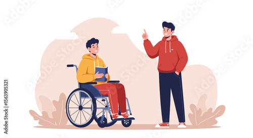 Friendly young man in a wheelchair listens attentively as another man gestures and explains something to him, both smiling happily outdoors on a bright day.