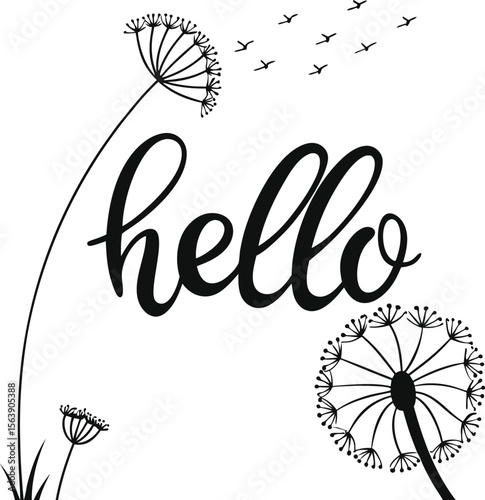 Abstract floral black and white vector illustration with dandelion clock and compass symbolsAbstract floral black and white vector illustration with dandelion clock and compass symbols