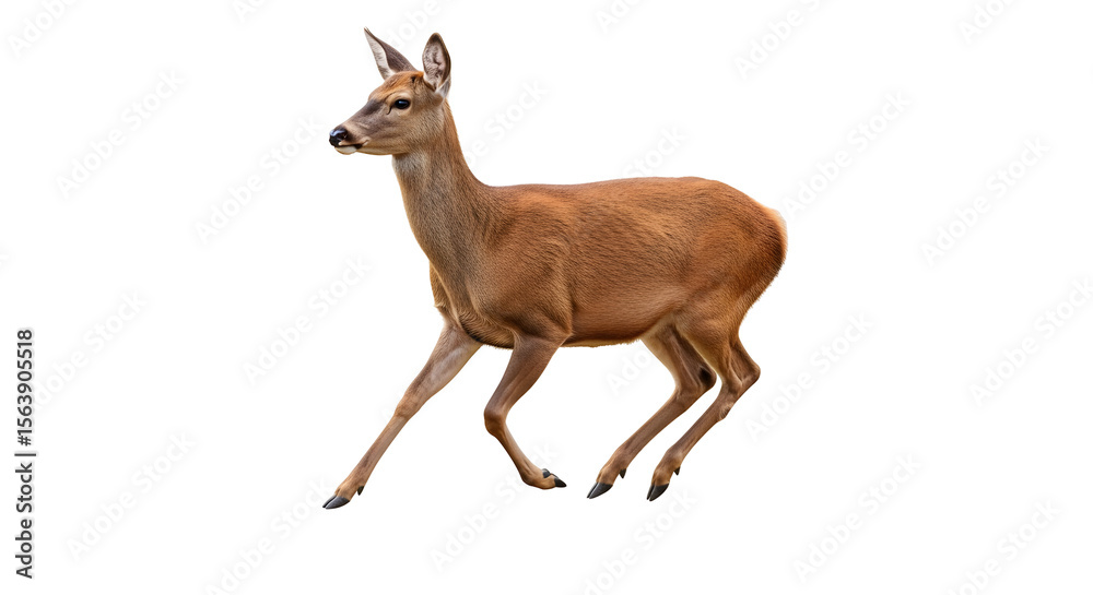Fototapeta premium A single brown deer with small antlers walking on a black background in a side profile view image