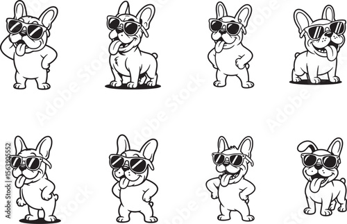 funny smart bulldog with sunglass icon set, funny line-art bulldog silhouette icon, french bulldog cartoon illustration on white background, vector illustration of cartoon dog.