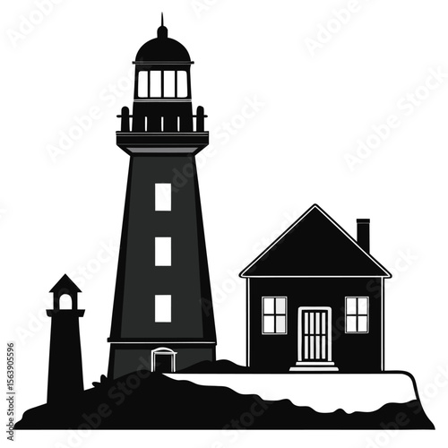 Black silhouette of a classic lighthouse standing tall isolated on white background