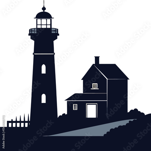 Striking black silhouette of a lighthouse standing tall against a clean white background isolated on white background