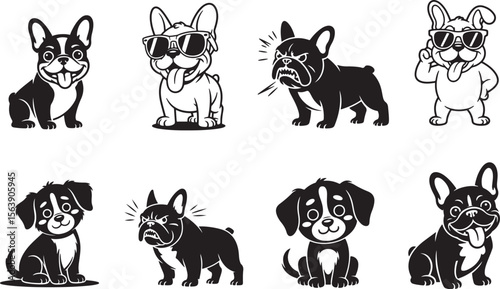 set of dogs silhouettes, funny and angry silhouette vector illustration set, deferent variation dog icon on white background.
