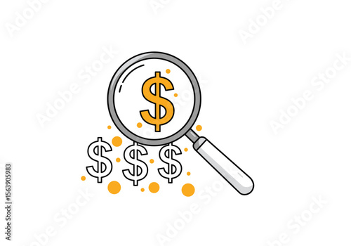 Magnifying glass focusing on dollar signs for financial analysis