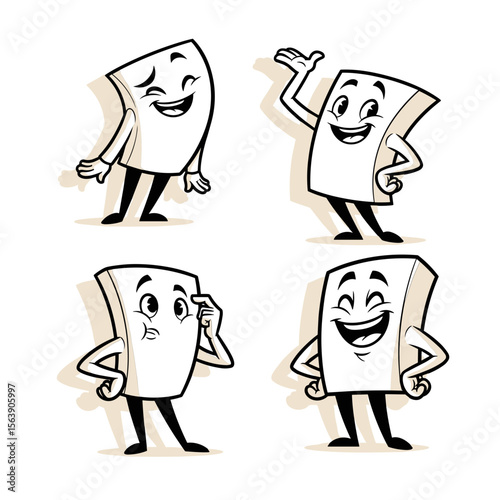 Four Cartoon Characters Expressing Different Emotions and Gestures in a Playful Style