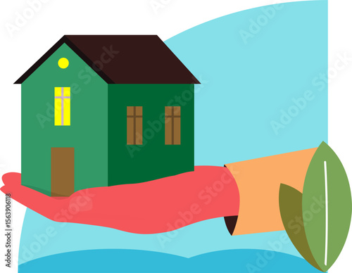 Against the background of a private country house, human hands pass the keys to the newly purchased home. Vector illustration on white background in flat style.