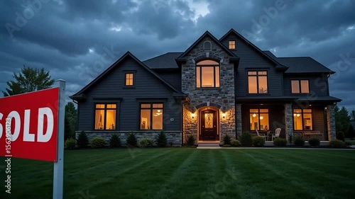An elegant home showcases real estate achievement with a prominent sold sign displayed on the freshly cut lawn at twilight, reflecting a successful property transaction and housing market success.