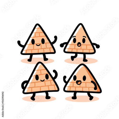 Cute Cartoon Pyramid Characters Dancing and Expressing Joyful Emotions with Playful Gestures