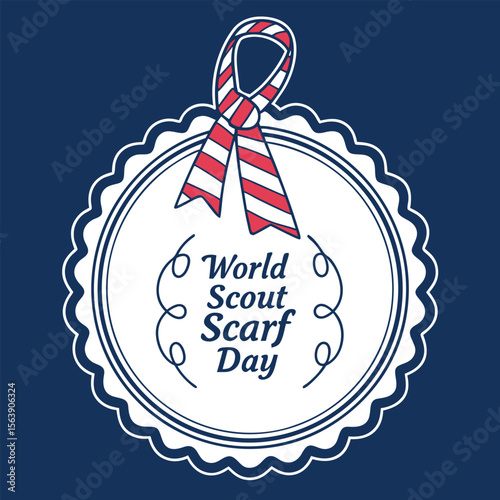 World Scout Scarf Day Badge with Red and White Scarf on Blue Background