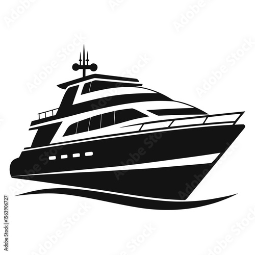 Sleek black yacht silhouette for travel and leisure isolated on white background