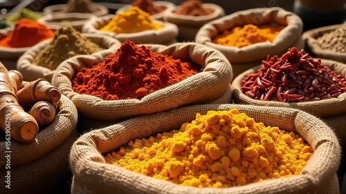 Aromatic spices in burlap sacks create a vibrant and colorful display of culinary ingredients, showcasing turmeric, chili peppers, and various seasonings in a rustic, organic market setting.