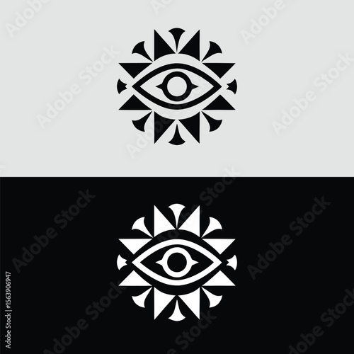 A striking black and white logo features an eye surrounded by triangular shapes, creating a modern and abstract symbol of vision and spirituality