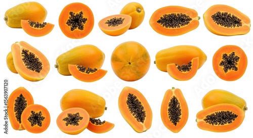 Ripe Papayas Cut Open To Reveal Their Bright Orange Flesh and Seeds, isolated on a transparent background