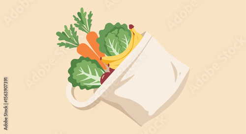 A reusable shopping bag filled with fresh fruits and vegetables, including bananas, carrots, and lettuce, sits on a light beige background, promoting healthy eating and sustainable lifestyle choices.