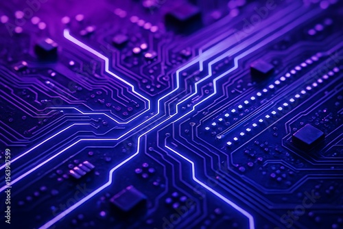 Wallpaper Mural Abstract close up of glowing purple and blue circuit board pathways Torontodigital.ca