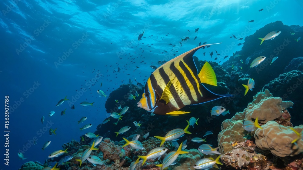 Fototapeta premium Majestic emperor angelfish swims among a school of vibrant yellow and blue striped fish near a coral reef