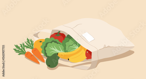 A reusable shopping bag overflowing with fresh vegetables and fruits, including carrots, broccoli, peppers, bananas, and avocado
