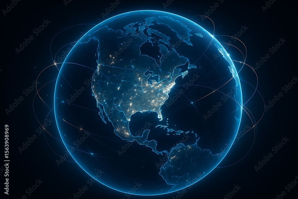 Fototapeta premium Glowing earth with global network lines connecting continents