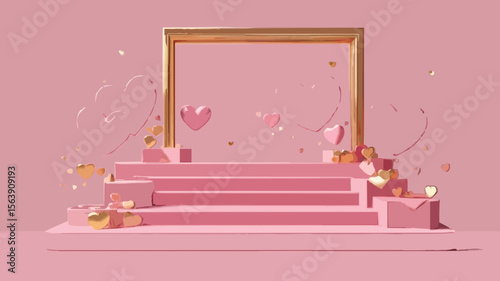 float pink hearts and gold heart frame 3d render image scene mockup pink steps podium in square
