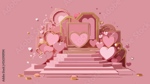 float pink hearts and gold heart frame 3d render image scene mockup pink steps podium in square
