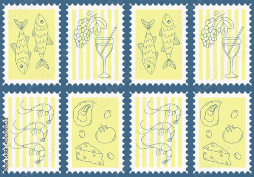 Seamless pattern with stamps in blue and yellow colors. Mediterranean background with shrimps, olives, corals, grapes, sardines, wine, tomato, cheese