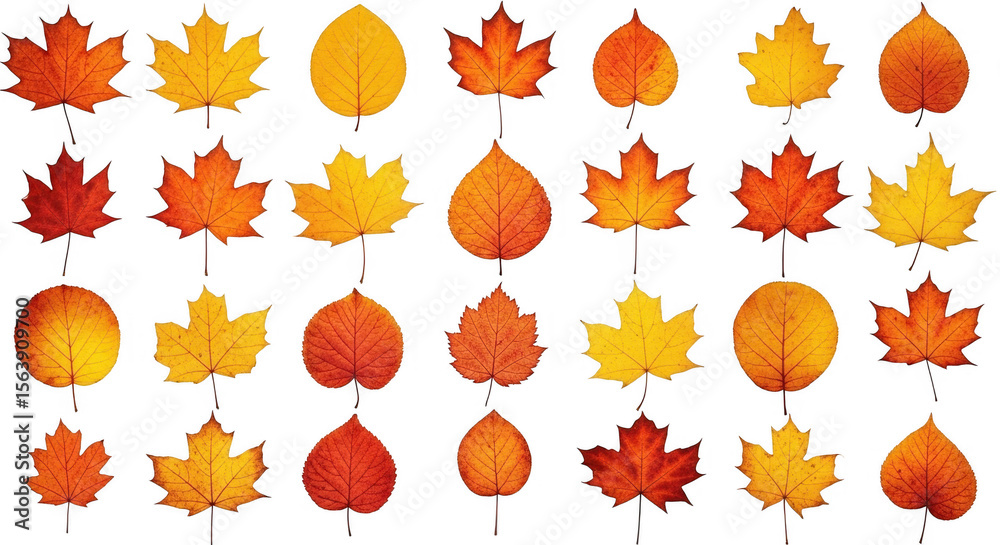 Fototapeta premium A Vibrant Collection of Autumn Leaves Showcasing Various Shapes and Colors in a Decorative Arrangement, isolated on a transparent background