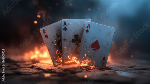 Three Aces on Fire – Dramatic Poker Card Concept. Generative AI