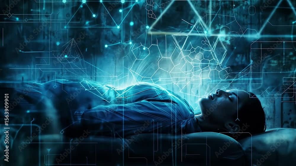 Sleeping person with digital brain wave patterns and neural network overlays illustrating sleep science research and dream state analysis