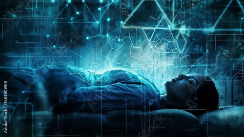 Sleeping person with digital brain wave patterns and neural network overlays illustrating sleep science research and dream state analysis