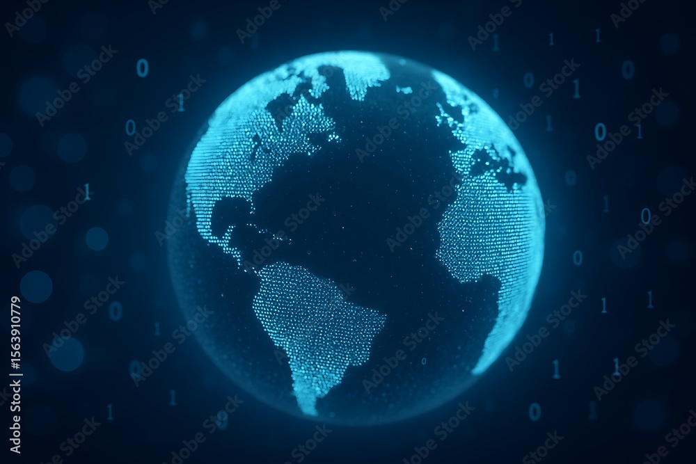Fototapeta premium Digital globe with binary code and bokeh effect on dark blue background