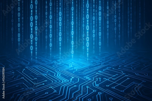 Digital rain of binary code cascades onto a futuristic circuit board