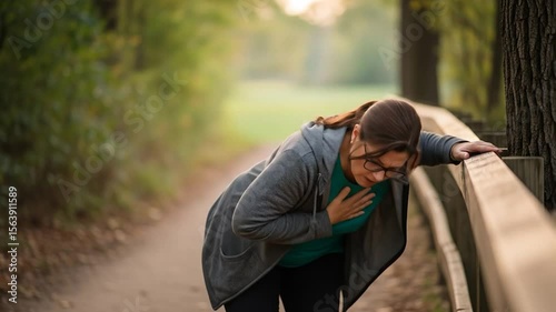 Woman Experiencing Chest Pain During Outdoor Walk: Health Emergency in Nature