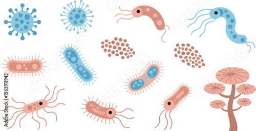 Illustration of various microorganisms, including bacteria and viruses, in a scientific style.